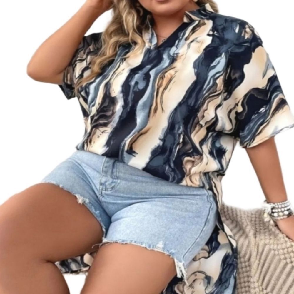 Plus Marble Print Half Sleeve V Neck Asymmetrical hem top sz 2X
